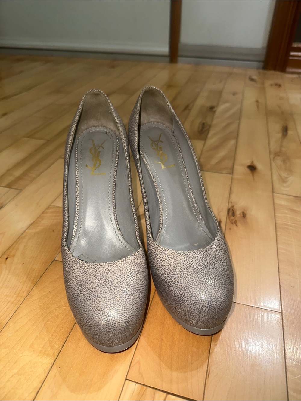 Vintage Yves Saint Laurent “Tribtoo” Pebbled Taupe Platform Pumps